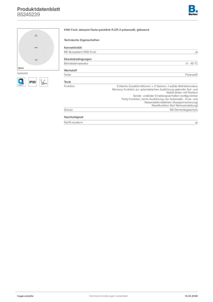 Bild Berker Produktdatenblatt 85245239 | Hager Deutschland