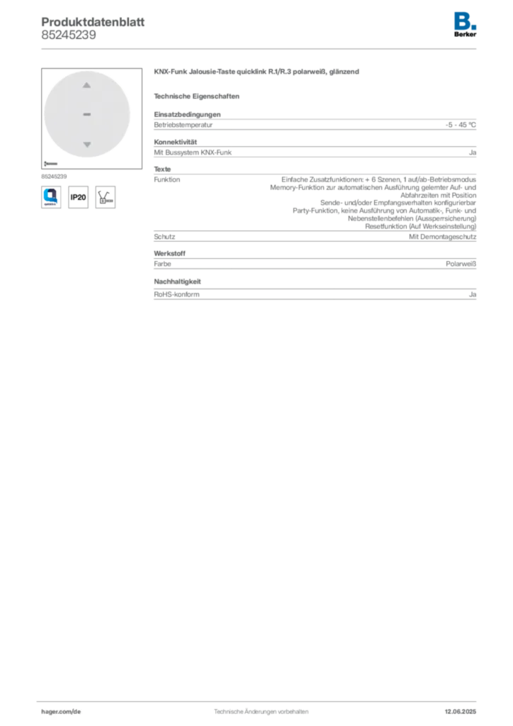 Bild Berker Produktdatenblatt 85245239 | Hager Deutschland