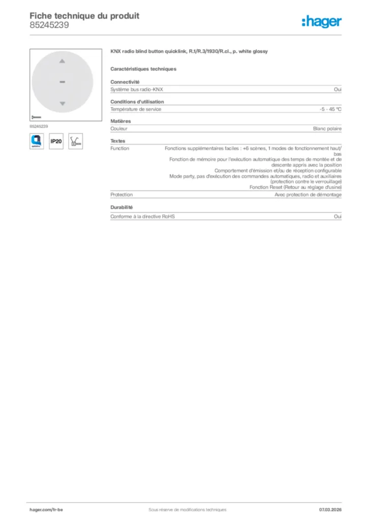 Image Hager Fiche technique du produit 85245239 | Hager Belgique