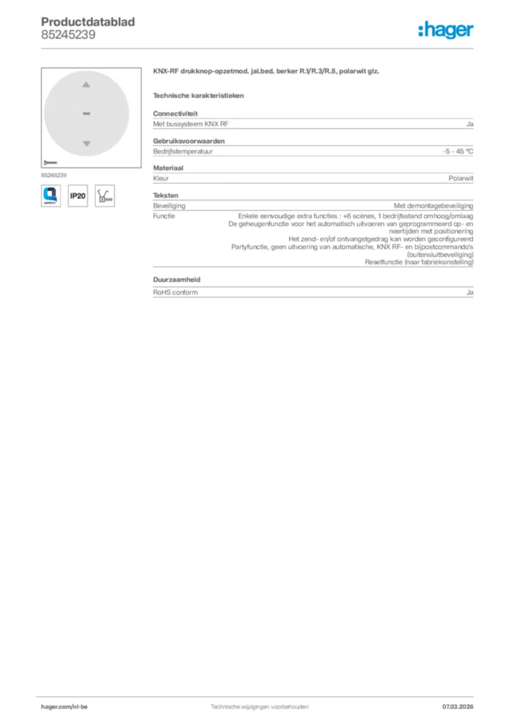 Afbeelding Hager Productdatablad 85245239 | Hager Belgium