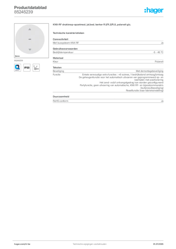 Afbeelding Hager Productdatablad 85245239 | Hager Belgium