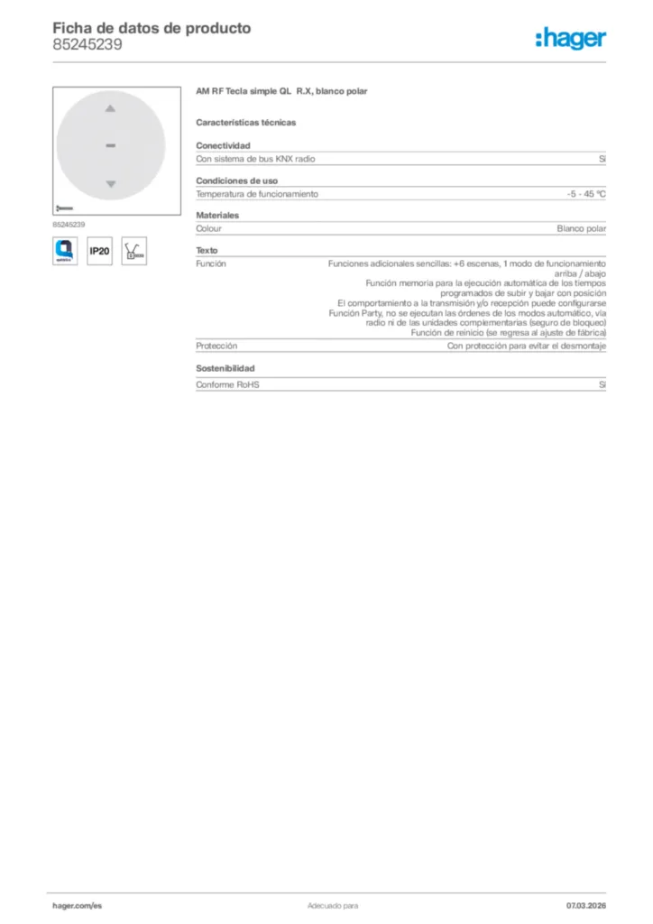Imagen Hager Ficha de datos de producto 85245239 | Hager España