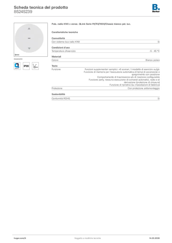 Immagine Berker Scheda tecnica del prodotto 85245239 | Hager Italia