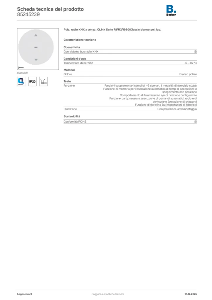 Immagine Berker Scheda tecnica del prodotto 85245239 | Hager Italia