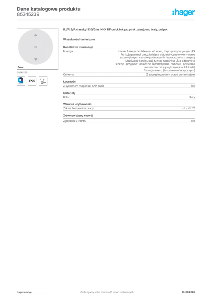 Zdjęcie Hager Karta katalogowa 85245239 | Hager Polska