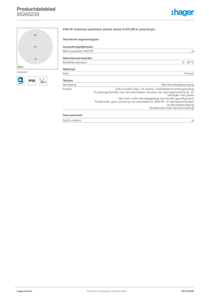 Afbeelding Hager Productdatablad 85245239 | Hager Nederland