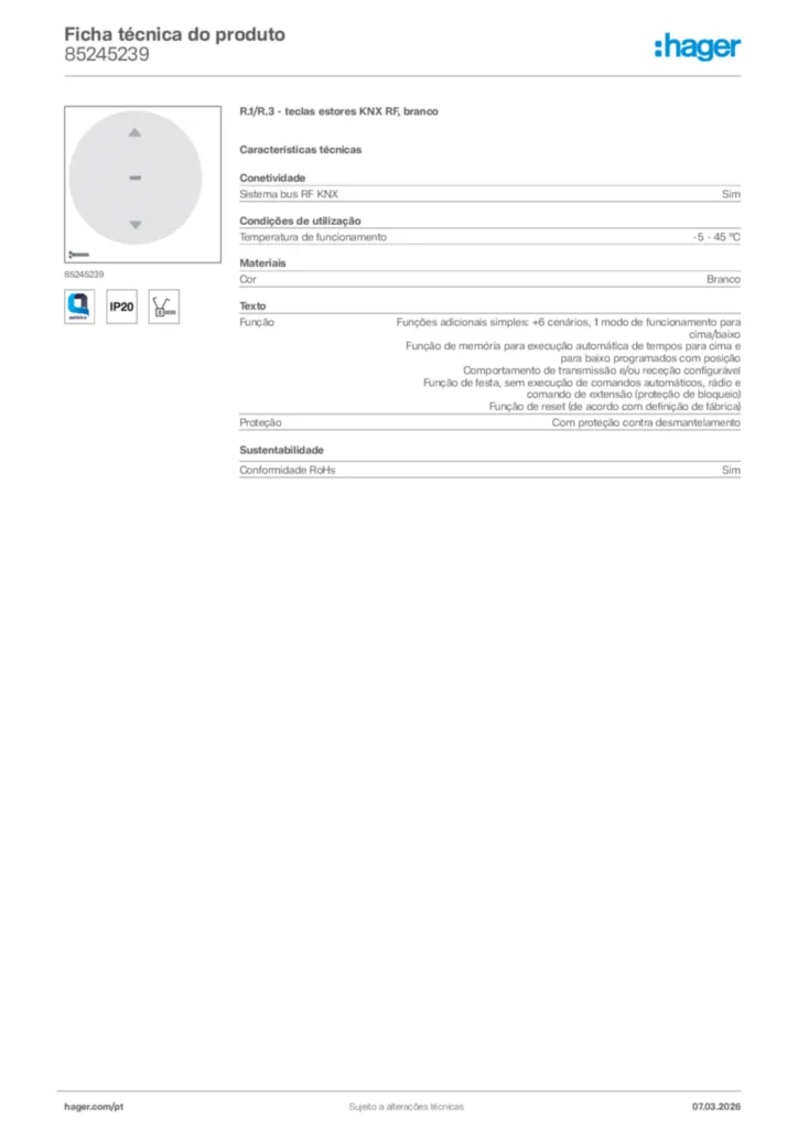 Imagem Hager Ficha técnica do produto 85245239 | Hager Portugal