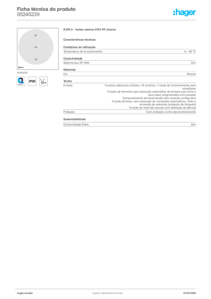 Imagem Hager Ficha técnica do produto 85245239 | Hager Portugal