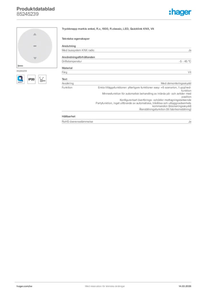 Bild Hager Produktdatablad 85245239 | Hager Sverige