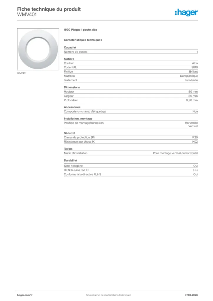 Image Hager Fiche technique du produit WMV401 | Hager France