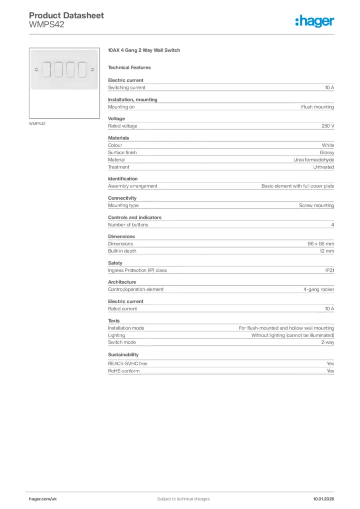 Image Hager Product data sheet WMPS42  | Hager