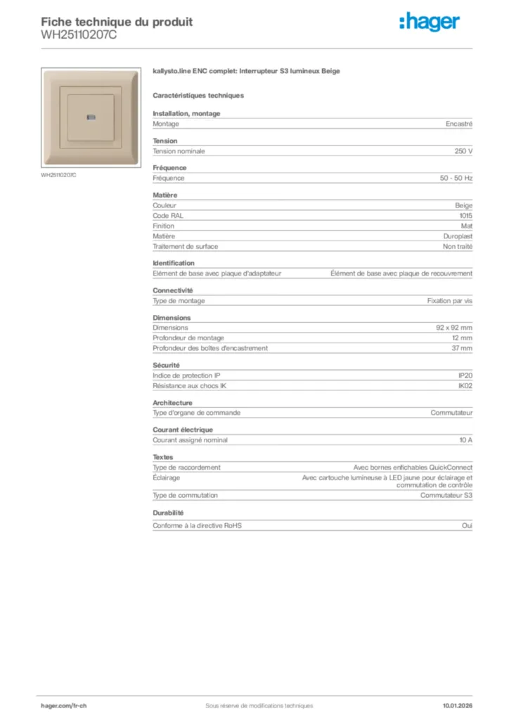 Image Hager Fiche technique du produit WH25110207C | Hager Suisse