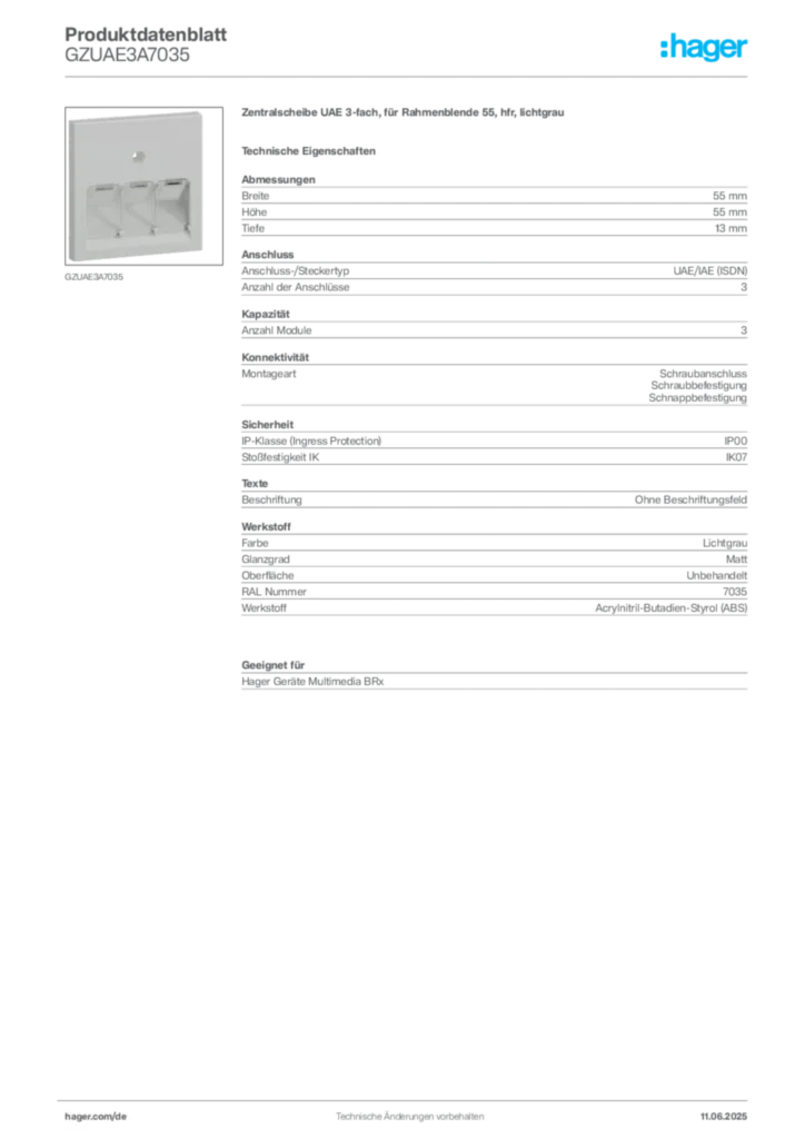 Bild Hager Produktdatenblatt GZUAE3A7035 | Hager Deutschland