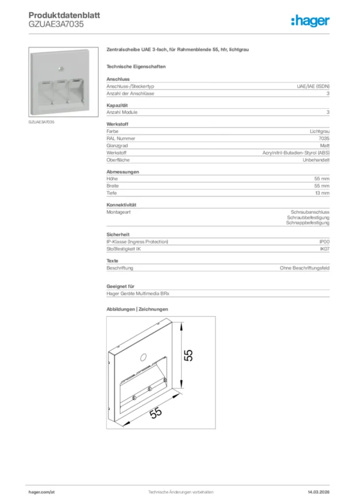 Bild Hager Produktdatenblatt GZUAE3A7035 | Hager Deutschland