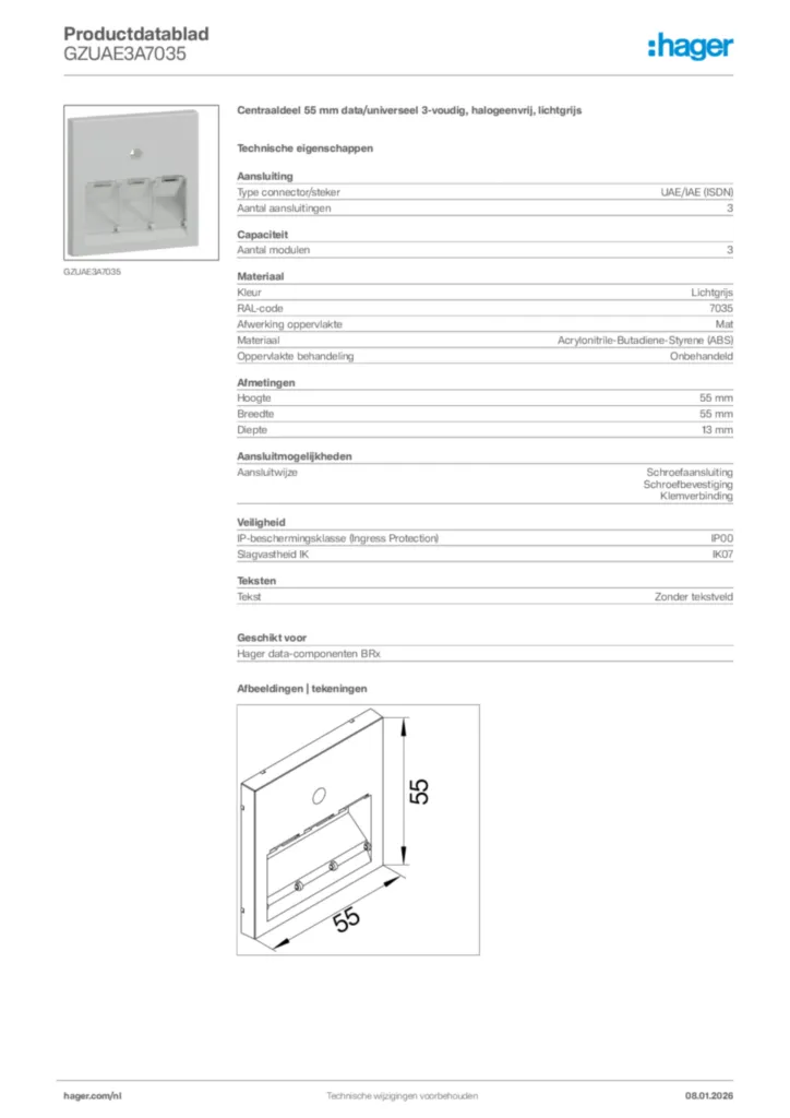 Afbeelding Hager Productdatablad GZUAE3A7035 | Hager Nederland
