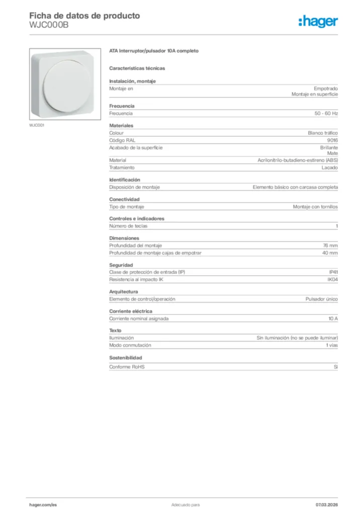 Imagen Hager Ficha de datos de producto WJC000B | Hager España