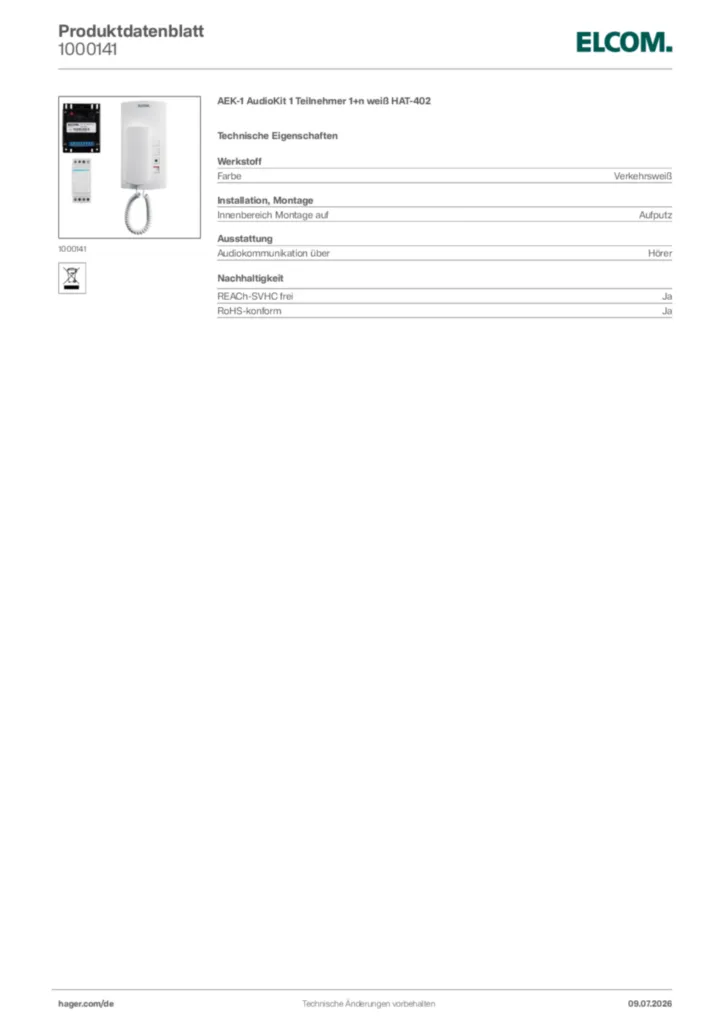 Bild Elcom Produktdatenblatt 1000141 | Hager Deutschland