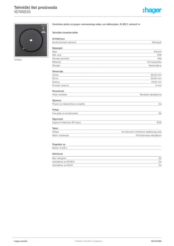 Slika Hager Product data sheet 16741606  | Hager