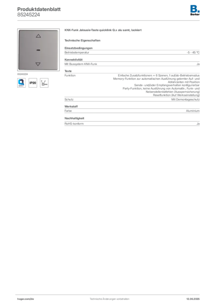Bild Berker Produktdatenblatt 85245224 | Hager Deutschland
