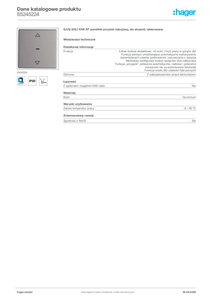 Zdjęcie Hager Karta katalogowa 85245224 | Hager Polska