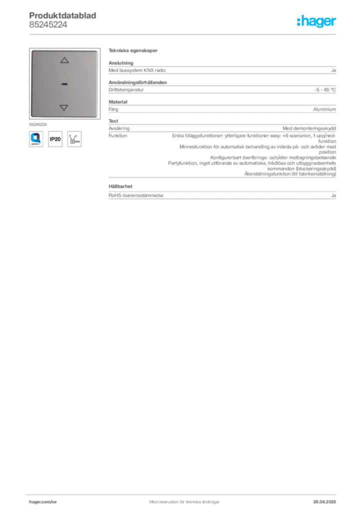 Bild Hager Produktdatablad 85245224 | Hager Sverige