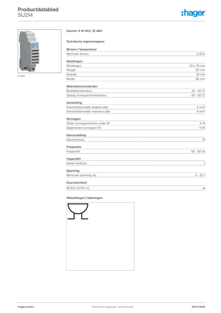 Afbeelding Hager Productdatablad SU214 | Hager Nederland