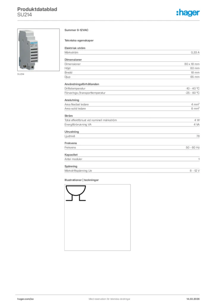 Bild Hager Produktdatablad SU214 | Hager Sverige