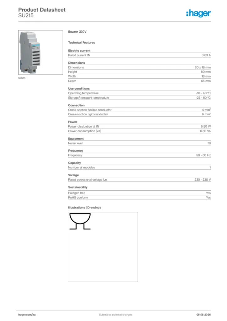 Image Hager Product data sheet SU215  | Hager Australia
