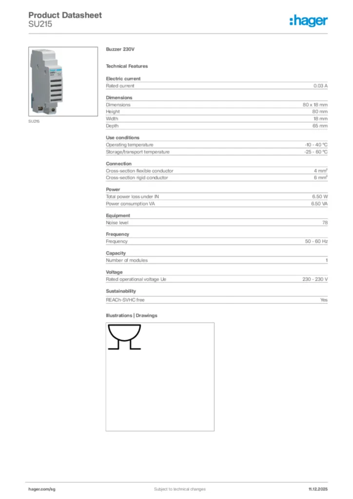 Image Hager Product data sheet SU215  | Hager