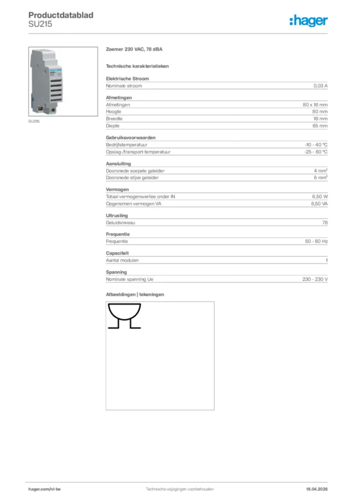 Afbeelding Hager Productdatablad SU215 | Hager Belgium