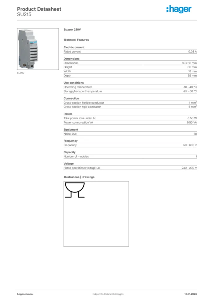 Image Hager Product data sheet SU215  | Hager Australia