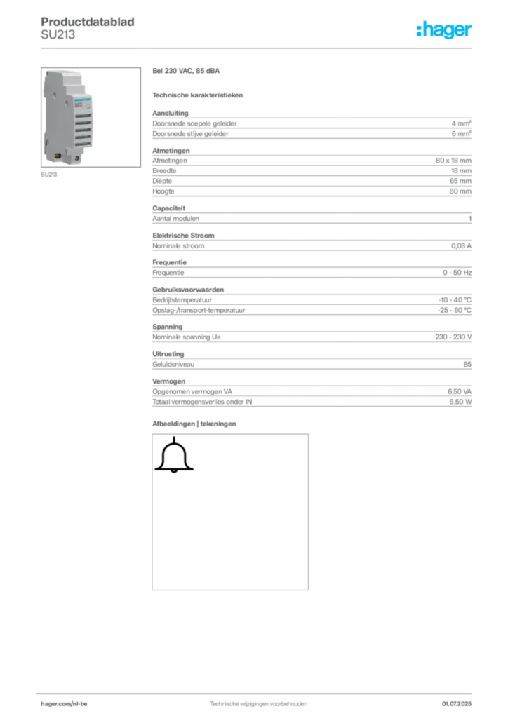 Afbeelding Hager Productdatablad SU213 | Hager Belgium