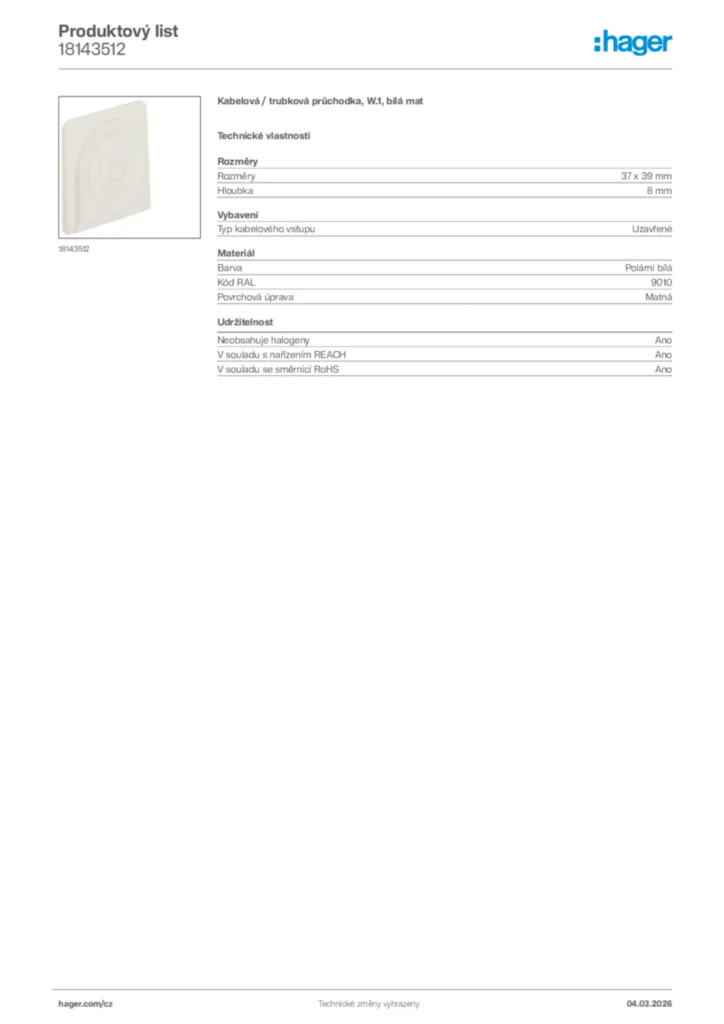 Obrázek Hager Product data sheet 18143512 | Hager