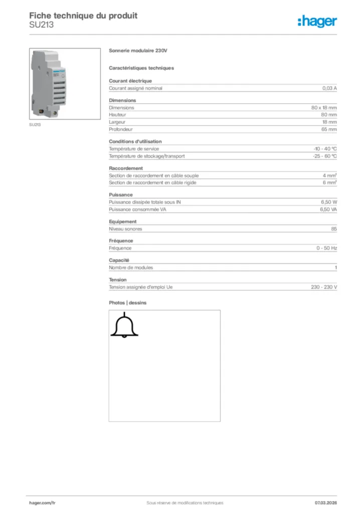 Image Hager Fiche technique du produit SU213 | Hager France