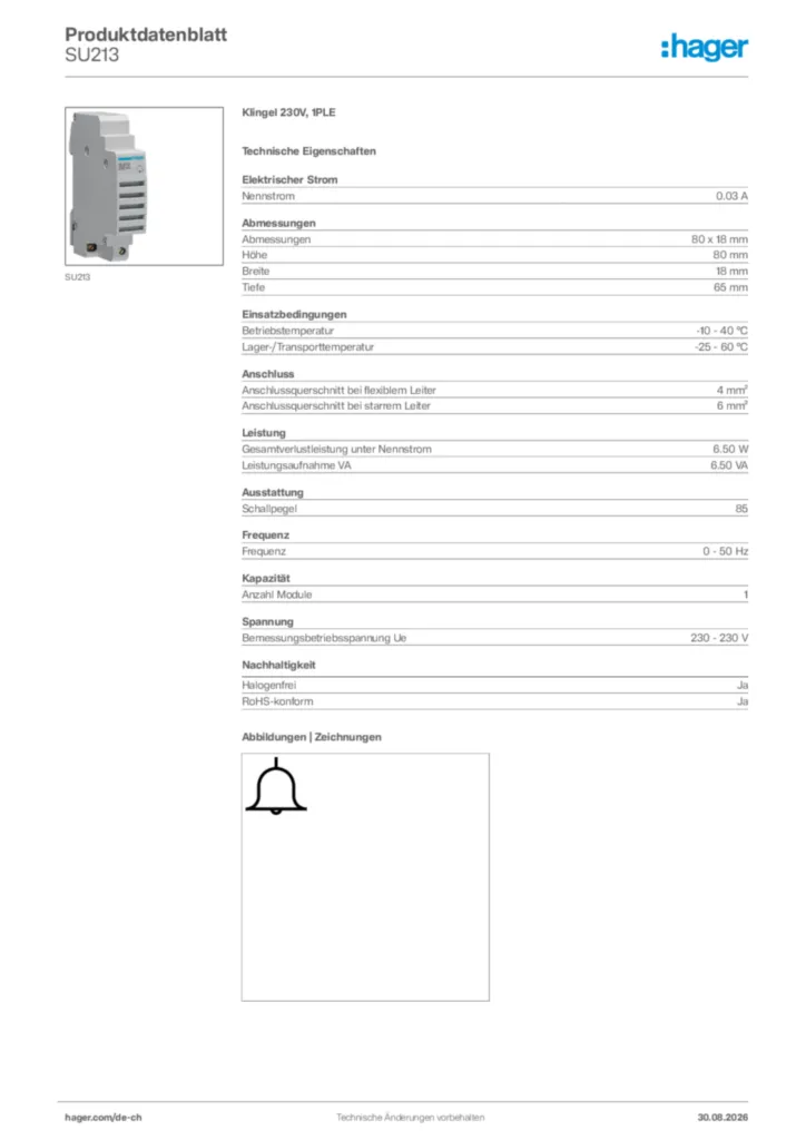 Bild Hager Produktdatenblatt SU213 | Hager Schweiz