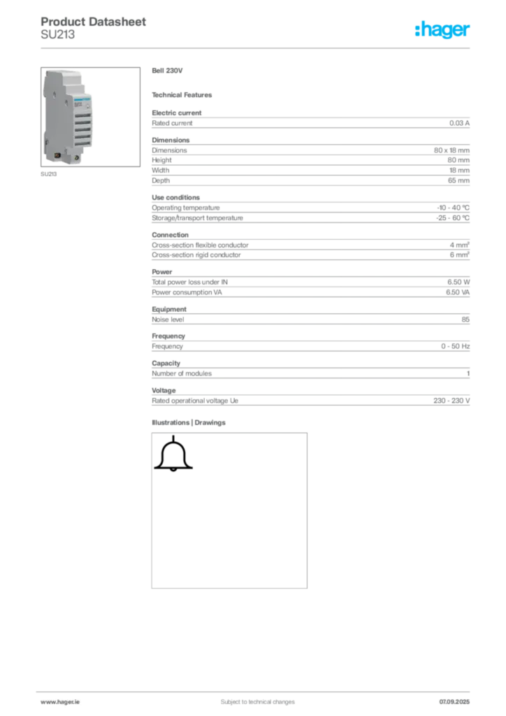 Image Hager Product data sheet SU213  | Hager