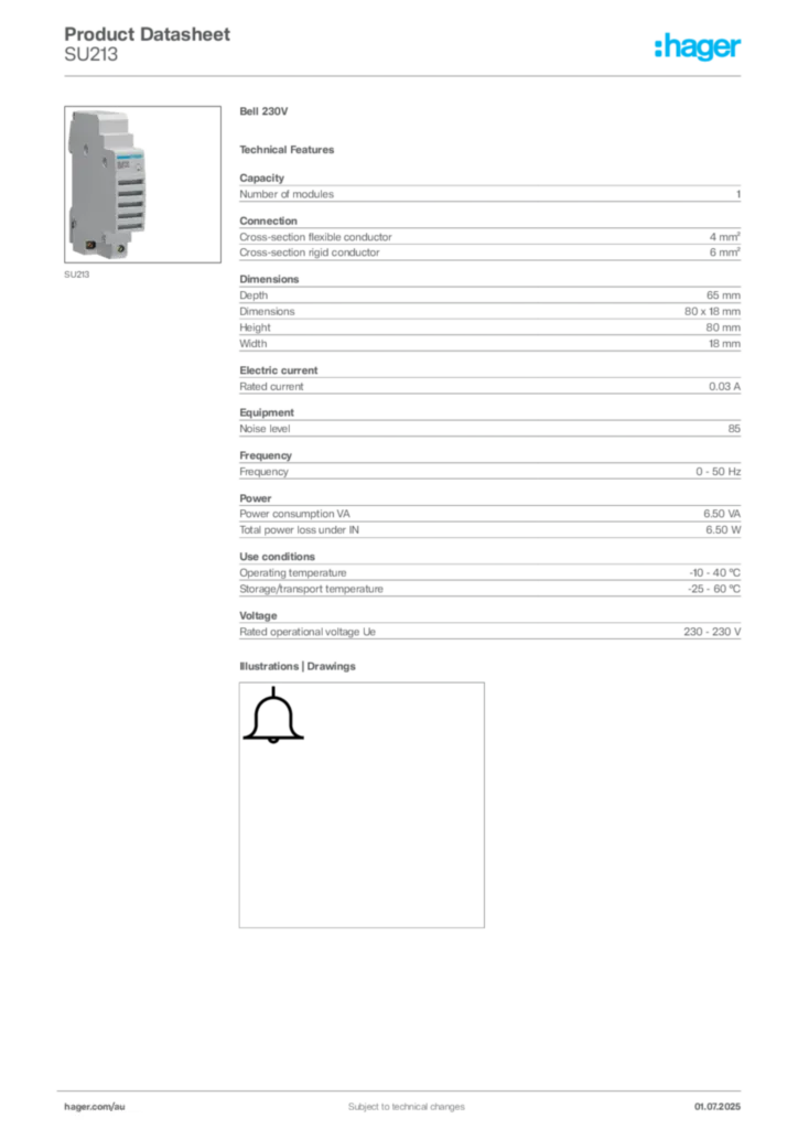 Image Hager Product data sheet SU213  | Hager Australia
