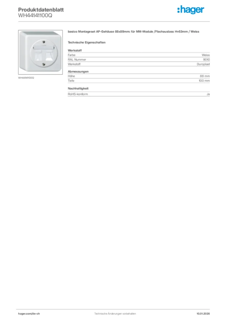Bild Hager Produktdatenblatt WH44141100Q | Hager Schweiz