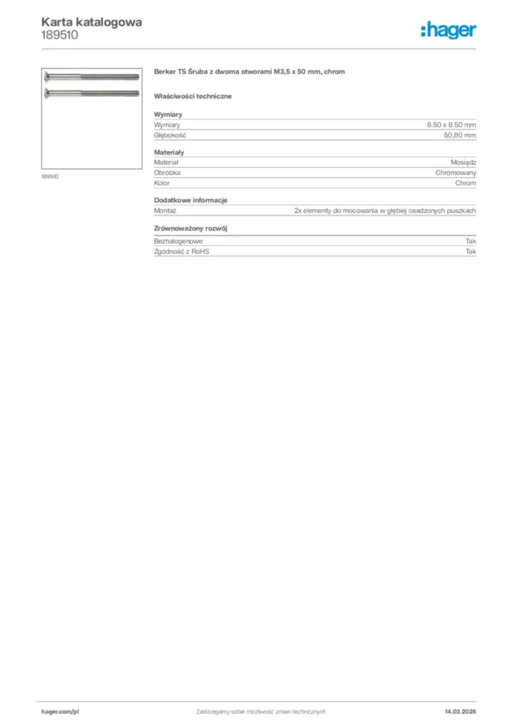 Zdjęcie Hager Karta katalogowa 189510 | Hager Polska
