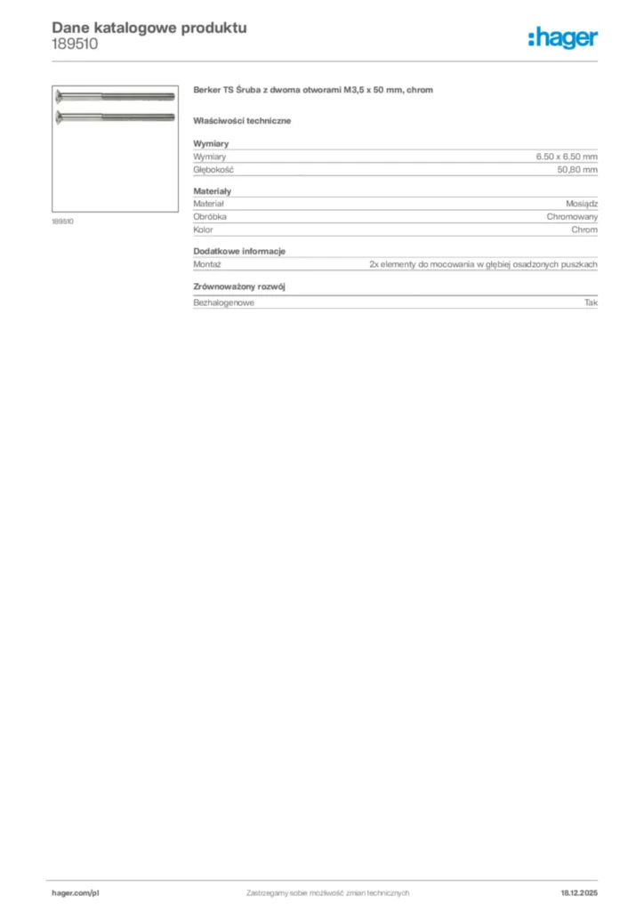 Zdjęcie Hager Karta katalogowa 189510 | Hager Polska