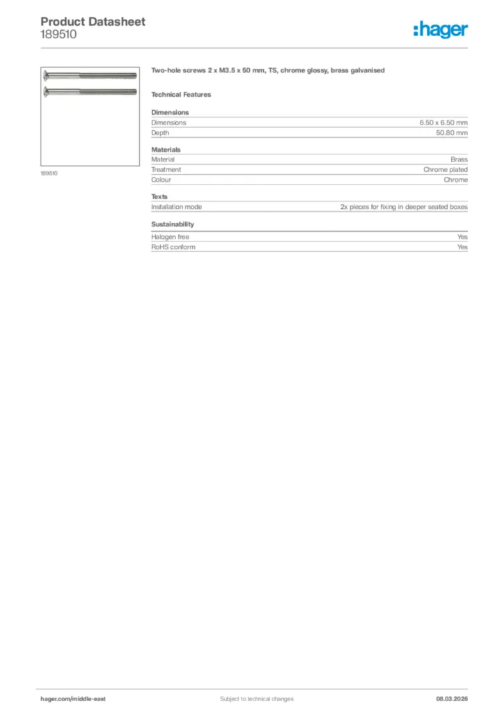 Image Hager Product data sheet 189510  | Hager