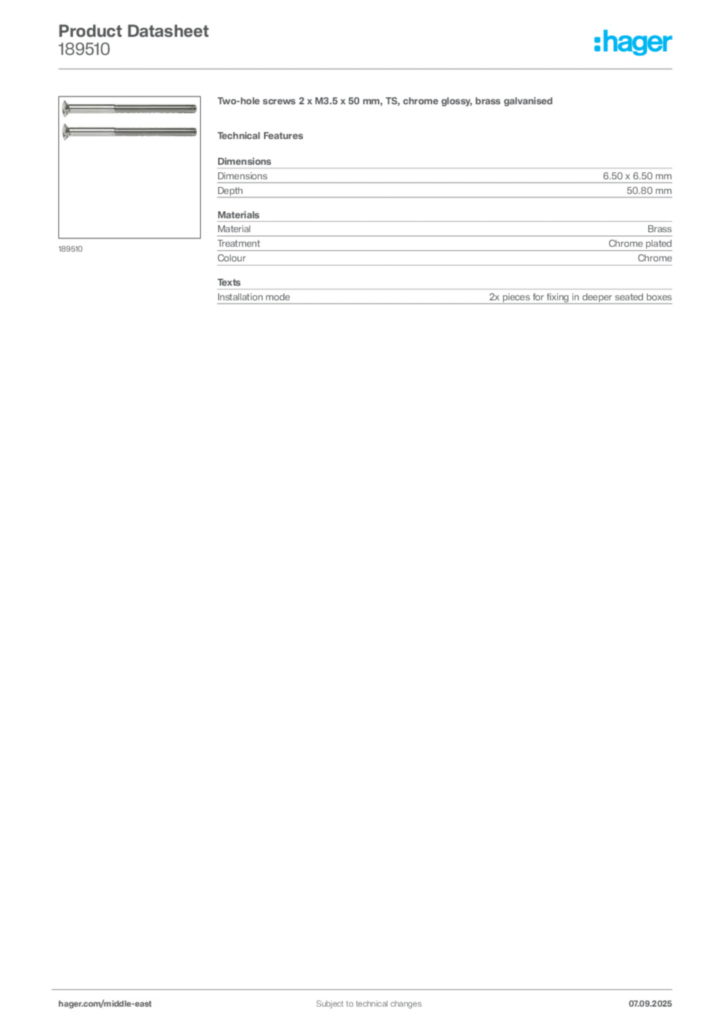 Image Hager Product data sheet 189510  | Hager