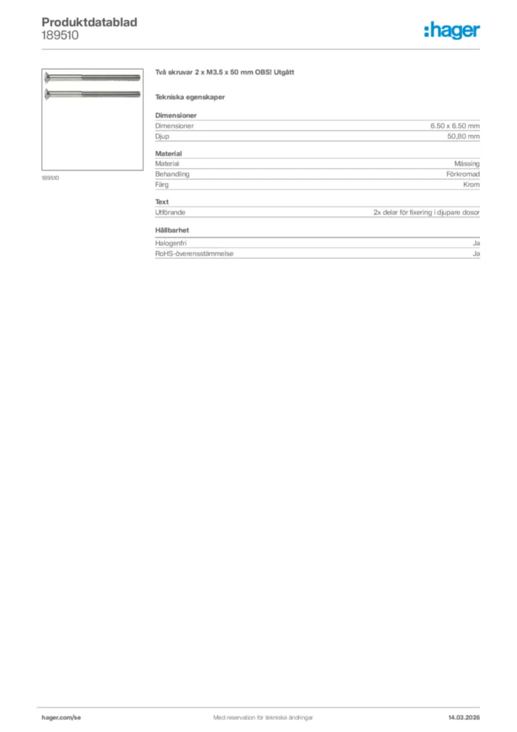 Bild Hager Produktdatablad 189510 | Hager Sverige