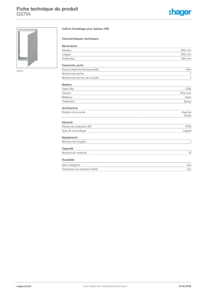 Image Hager Fiche technique du produit GS71A | Hager France