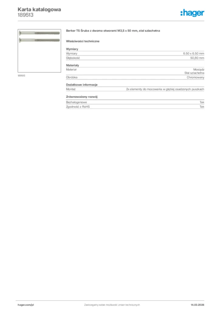 Zdjęcie Hager Karta katalogowa 189513 | Hager Polska