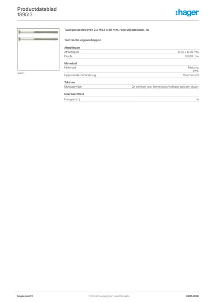 Afbeelding Hager Productdatablad 189513 | Hager Nederland