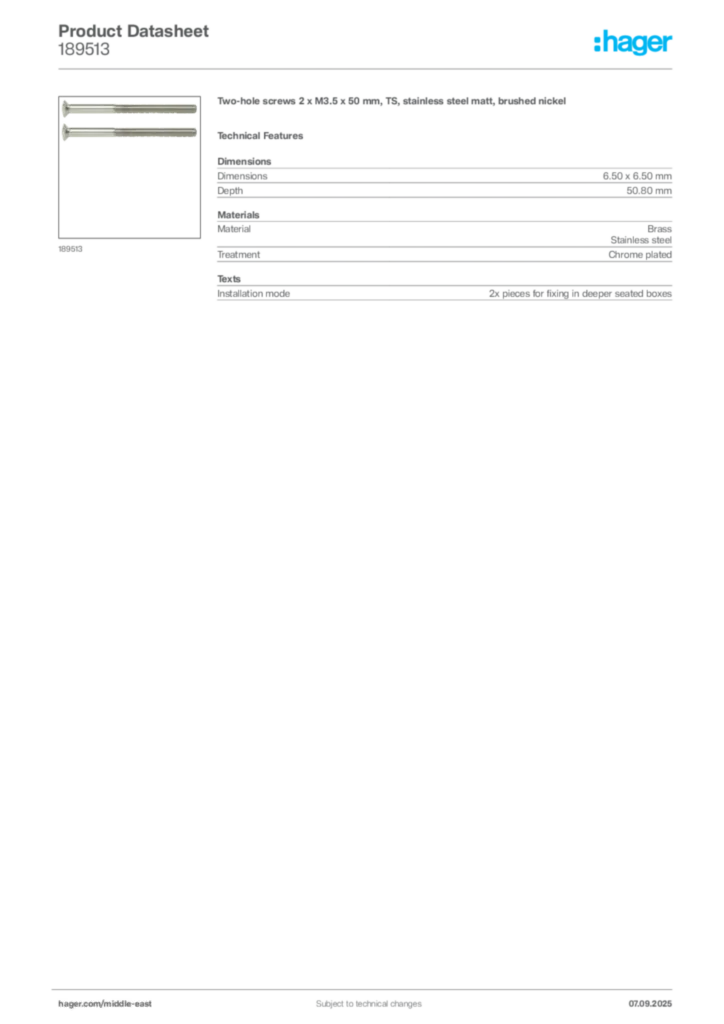 Image Hager Product data sheet 189513  | Hager
