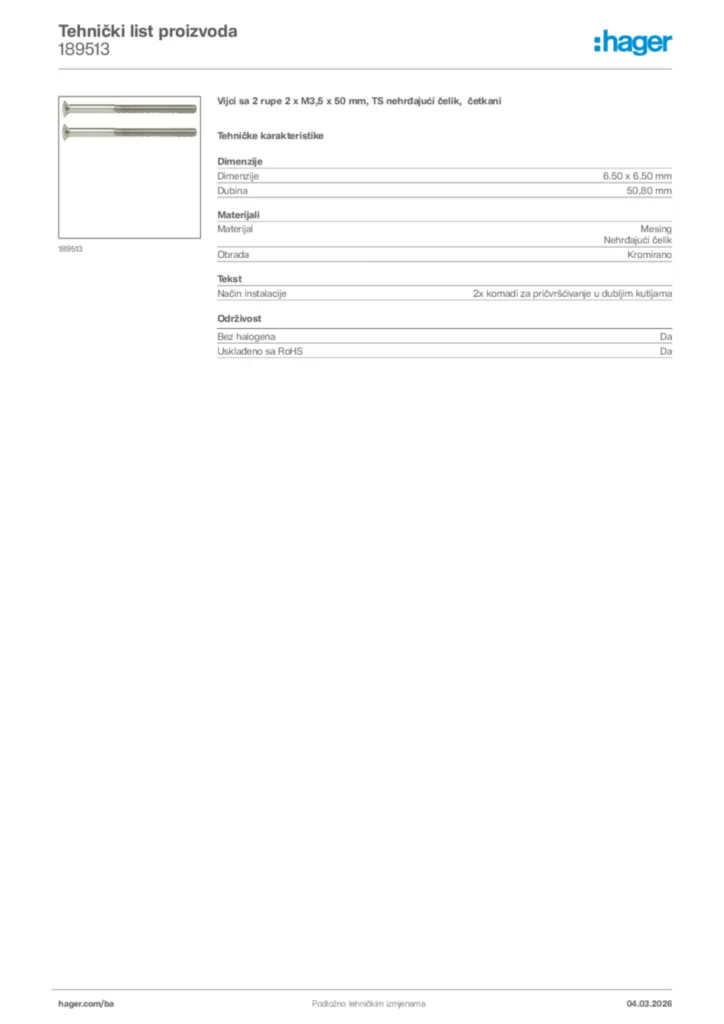 Slika Hager Tehnički list proizvoda 189513  | Hager