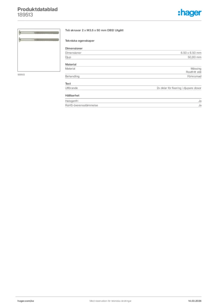 Bild Hager Produktdatablad 189513 | Hager Sverige