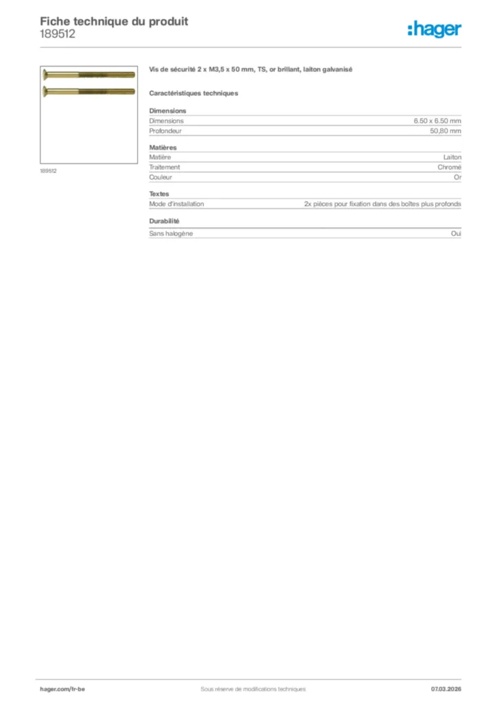 Image Hager Fiche technique du produit 189512 | Hager Belgique